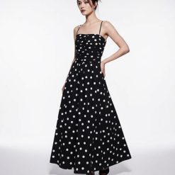 robes à pois noirs longue caraco petite robe bustier fronce bretelles fines jupe evasee pour femme
