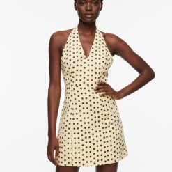 robes à pois jaune et marron courte ajustée dos nu exclusivité élégante robe à pois pour femme robe dété décontractée