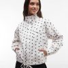 vestes à pois col cheminée avec blanc femme imprimé noir manches longues et lien de resserrage
