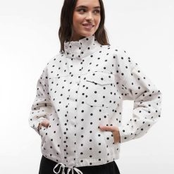vestes à pois col cheminée avec blanc femme imprimé noir manches longues et lien de resserrage