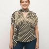 blouses à pois avec foulard curve satinée oversize détail vert olive et blanc col v manches courtes froncées