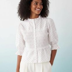 blouses à pois froncée blanc pour femme style chic avec manches bouffantes col volanté et buste smocké