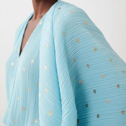 robes à pois jaune bleu longue plissée épaules dénudées métallisé motif brillant pour femme col en v bleu ciel