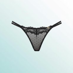 strings à pois origins tulle pailletés en noir culotte string détails dentelle noire fine et élégante transparence trouvai