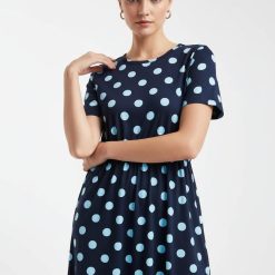 robes noires à pois blancs jersey mi-longue manches en bleu marine courtes col rond motif pois bleu clair pour femme