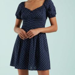 robes noires à pois blancs jersey mi-longue manches en bleu marine courtes col rond motif pois bleu clair pour femme