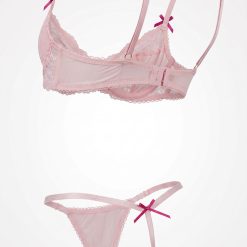 strings à pois floqués rose lingerie femme sexy ensemble comprenant un soutien gorge en dentelle rose et son string assorti décoré de noeuds rose foncé