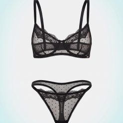 strings à pois origins tulle pailletés en noir et son soutien gorge assorti en dentelle delicate et tulle transparent a pois