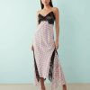 robes asymétriques à pois rose tulle imprimé dos croisé laçage mi-longue avec dentelle noire et motif discret