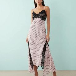 robes asymétriques à pois rose tulle imprimé dos croisé laçage mi-longue avec dentelle noire et motif discret