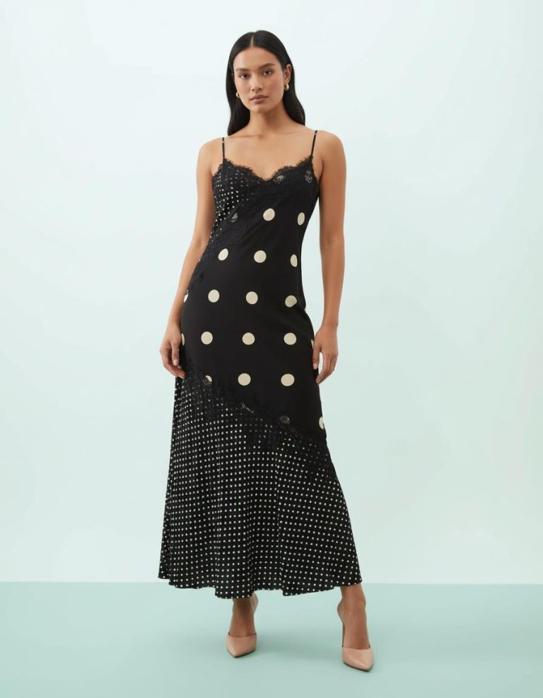 robes asymétriques à pois noirs satin dentelle fente devant midaxi imprimé élégante robe midi avec de grands pois et des détails en dentelle une tenue de soirée sophistiquée
