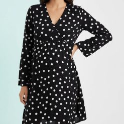 robes longues noires à pois blancs boutons grossesse dallaitement lavant robe noire à pois blancs pour femme enceinte ou allaitante avec décolleté en v et manches longues évasées