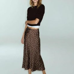 jupes à pois cordon serrage satin midi imprimé 1 jupe midi en satin marron à pois blancs