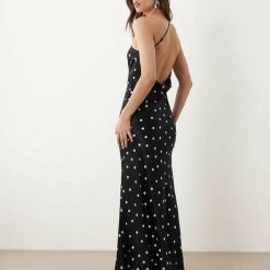 robes asymétriques à pois satin longue col bénitier habillée dos ouvert mono noir robe longue à pois femme