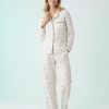 pyjamas à pois écru ensemble doux ultra boutonné pour femme avec manches longues et pantalon fluide à liseré noir