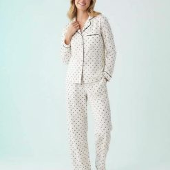 pyjamas à pois écru ensemble doux ultra boutonné pour femme avec manches longues et pantalon fluide à liseré noir