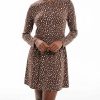 robes à pois jaune tachetés courte longues manches marron pour femme col rond imprimé tachetés