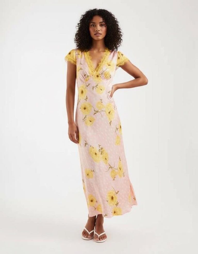 robes à pois jaune et rose longue imprimé coquelicots col v avec dentelle jaune aux manches et au décolleté portée par une mannequin avec des sandales blanches