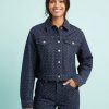 vestes à pois jean en veste bleu marine imprimée petits pois blancs boutonnée pour femme avec poches poitrine