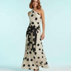 robes asymétriques à pois longue robe asymétrique imprimé beige et noire avec ceinture nouée à la taille