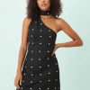 robes mousseline à pois courte col foulard avec noirs une coupe asymétrique à une épaule dénudée pour femme