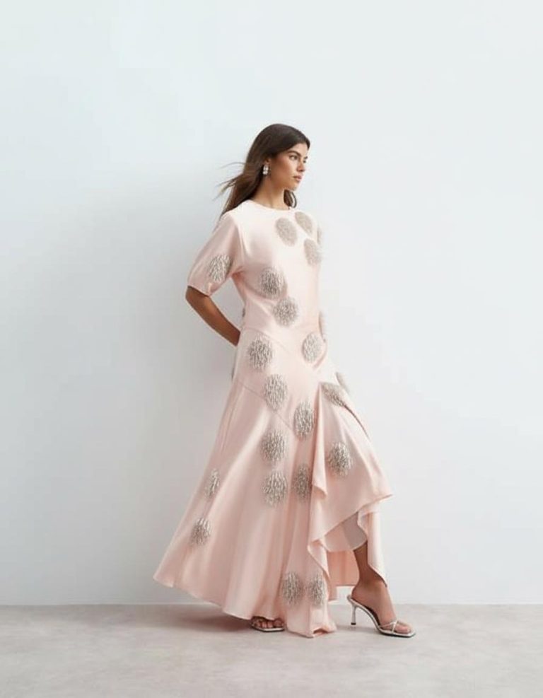 robes satin à pois longue ornementés en pêche avec manches courtes et ourlet asymétrique à volants