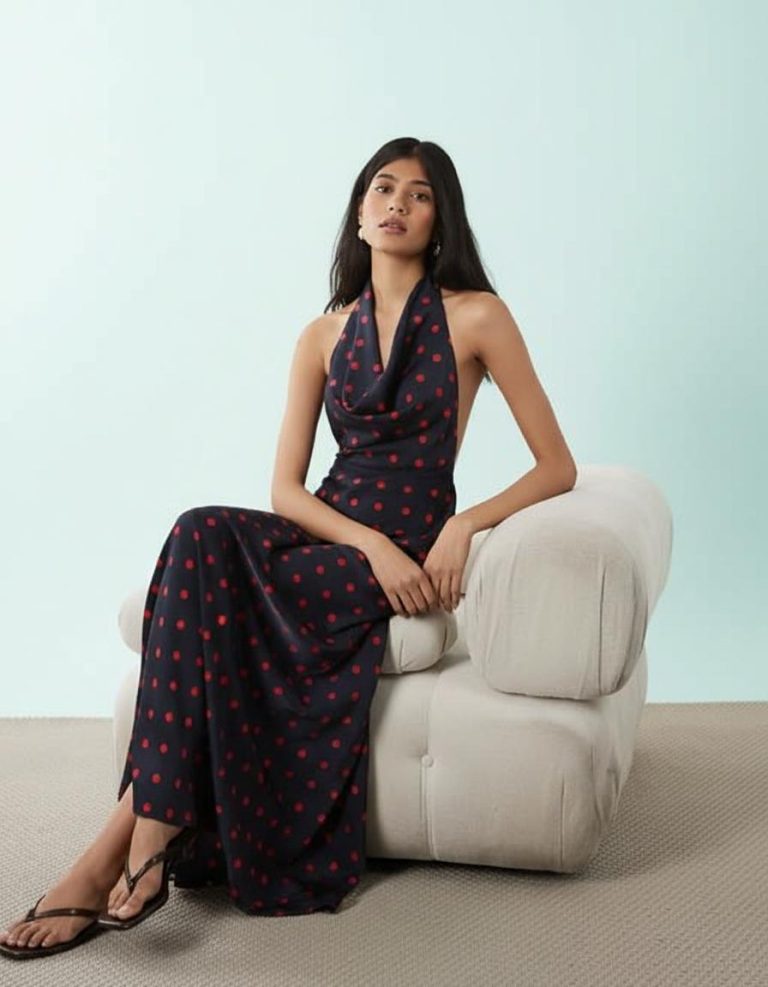 robes à pois marine bénitier col dos nu longue carmin portée par une femme assise sur un fauteuil beige élégant et élégamment posée