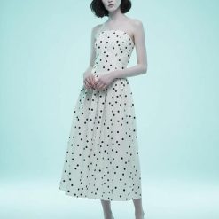 robes évasées à pois fronces bandeau mi longue crème imprimé élégante robe de soirée sans bretelles style vintage décontractée parfait pour lété