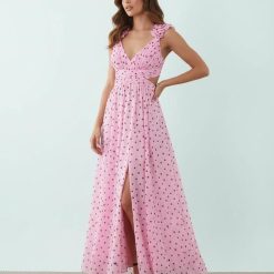 robes mousseline à pois rose vale volantées épaules longue élégante robe de soirée avec un design découpé et une fente latérale flatteuse