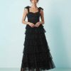 robes longues à pois rouge noirs tulle en nœud avec épaules étagée robe noire élégante à volants superposés avec bretelles nouées aux épaules