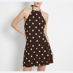 robes longues marron à pois courte femme chic col halter sans manches avec motifs tachetés blancs et jupe à volants