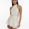 robes longues marron à pois courte robe écru sans manches col halter avec volants pour femme