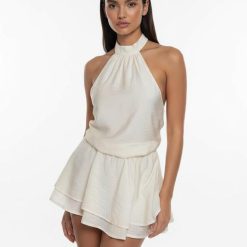 robes longues marron à pois courte robe écru sans manches col halter avec volants pour femme