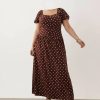 robes longues marron à pois fronces rétro lavant chocolat pour femme robe décontractée à manches courtes avec col carré et taille froncée