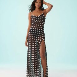 robes longues marron à pois de plage en mousseline transparente avec fente haute sur la jambe