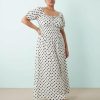 robes à pois blanc et noir bouffantes liens devant plage longue portée par un mannequin avec taille smockée et manches courtes