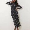 robes à pois hiver manches torsadées col montant stretch longue tissu noirs robes noires à pois blancs manches longues élégante coupe ajustée