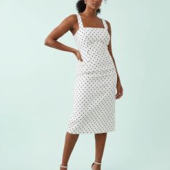 robes longues noires à pois stretch imprimé kinsey mélangé lin blanche ajustée à bretelles larges et encolure carrée