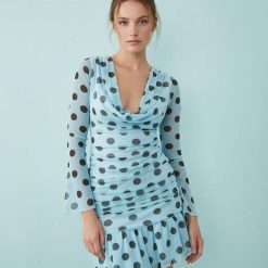 robes asymétriques à pois bleu noirs tulle col manches longues bénitier courte superposition robe élégante moulante tissu transparent trouvé