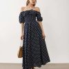 robes asymétriques à pois noués manches bouffantes plage longue bleu marine robe femme épaules dénudées motif pois blancs fond bleu marine trouve sa place pour lété