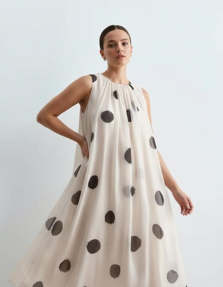 robes roses à pois blanc monochrome longue drapée fronces imprimé sans manches avec de larges pois noirs