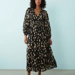 robes à pois filles flou longues manches mollet effet longueur avec multicolore noire et beige coupe fluide col en v