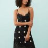 robes asymétriques à pois noirs satin dentelle fente devant midaxi imprimé élégante robe longue noire à pois blancs avec détails en dentelle pour femme