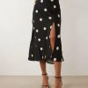 robes évasées à pois manches col bénitier oversize fendue noirs portée par une femme avec des sandales à talons noirs