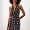 robes longues marron à pois chocolat basse col halter taille drapée ajustée avec imprimé pois bleu ciel pour femme