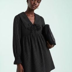 robes longues noires à pois détail col velours côtelé babydoll robe décontractée à manches longues pour femme avec motif à pois fins et coupe fluide