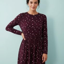 robes à pois filles estompés mi longue violet foncé avec des manches longues et un motif blanc décontracté idéal pour toutes occasions