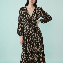 robes à pois filles flou longues manches mollet effet longueur avec multicolore noir et beige imprimé col v