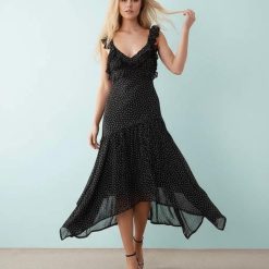 robes évasées à pois longue manches et imprimé noire avec bretelles à volants décolleté en v et coupe asymétrique fluide