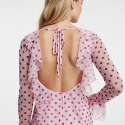 robes longues noires à pois dos nu corps volanté ourlet exclusivité rose avec grands pois marron manches longues et finition volante autour du dos nu avec lien a nouer